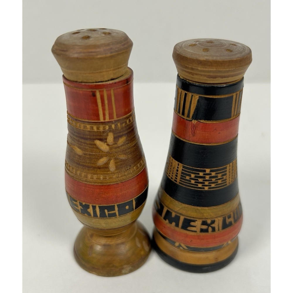 Hand Carved and Painted Wooden Salt and Pepper Shaker Set Made in Mexico